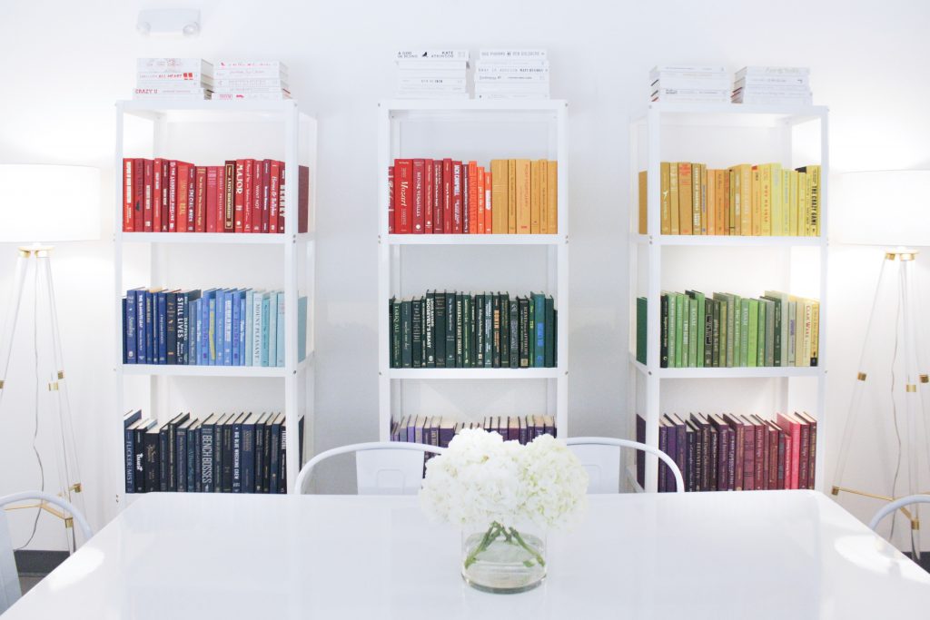 Books arranged by color